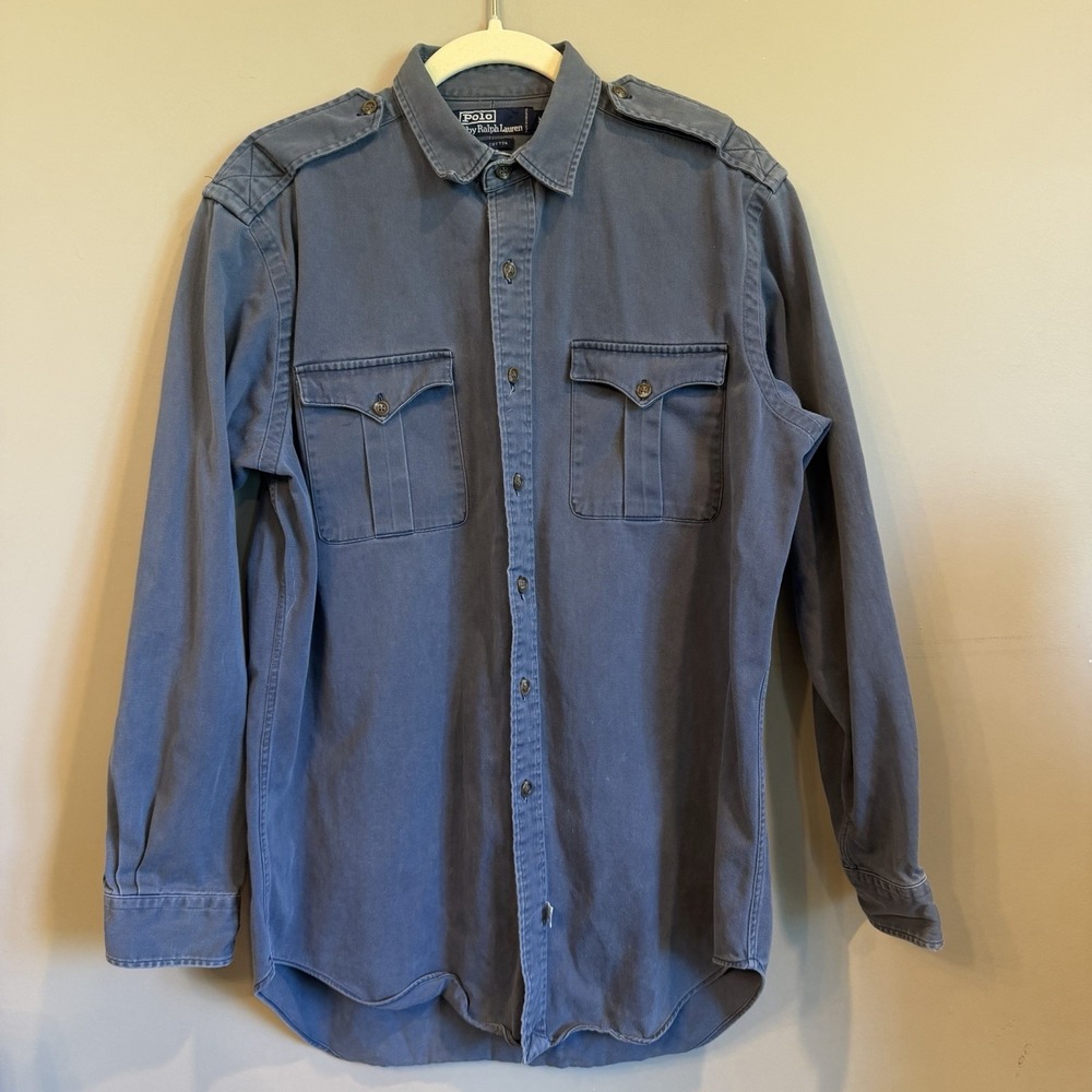 Vintage Polo Ralph Lauren Cotton Blue Military Formal Style Button Up Size M
